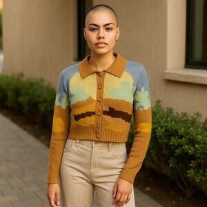 Day Break Y2K Preppy Cardigan Landscape Print Small